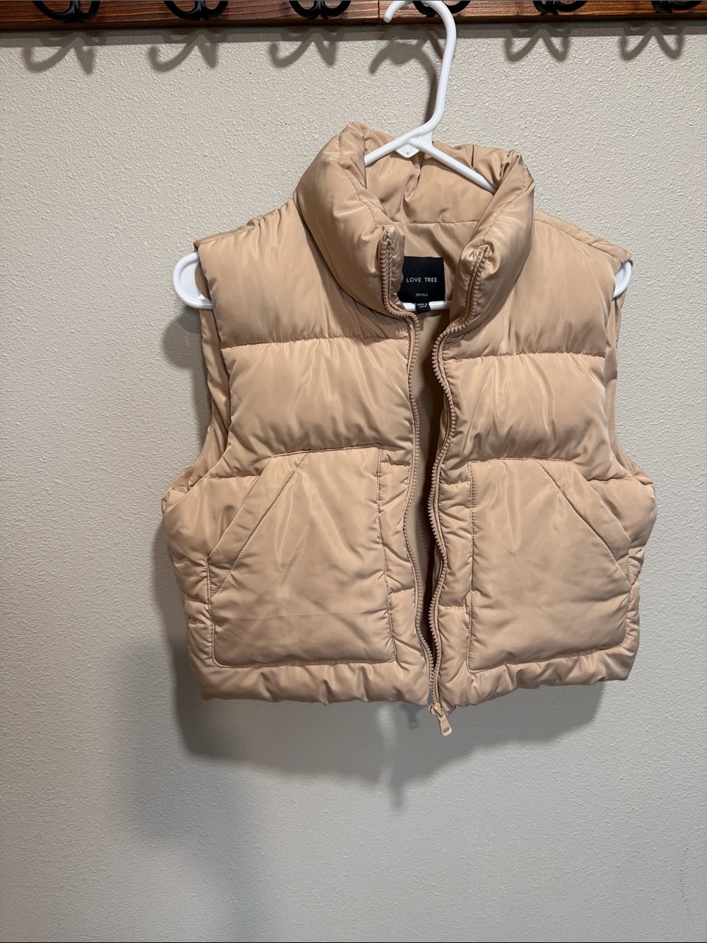 Love Tree Tan Quilted Puffer Vest with High Collar